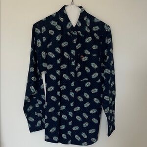 Ariat Navy Button-Down Shirt with Teal Feather Print